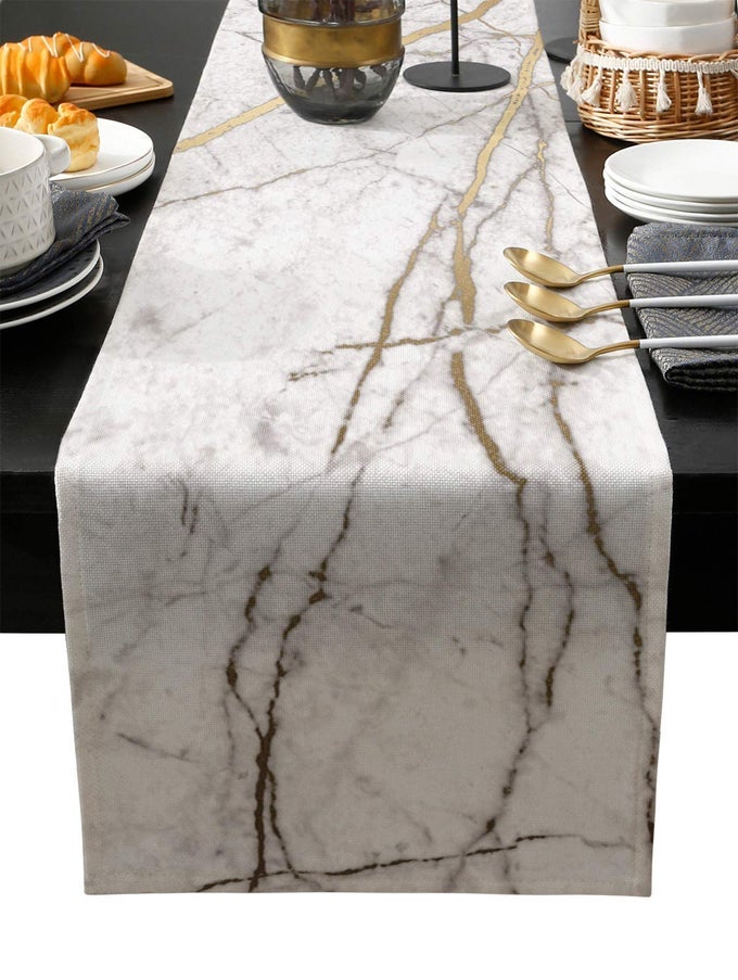 MARBLE TABLE RUNNERCOTTON LINENLONG 72 INCHE WHITE GRAY GOLD DRESSER SCARVESTEXTURE TABLERUNNER FOR KITCHEN COFFEEDININGSOFAEND TABLE BEDROOM HOME LIVING ROOMSCARFS DECOR FOR HOLIDAY DINNER