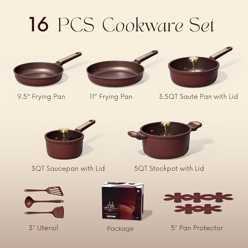 CAROTE Pots and Pans Set Nonstick, 16pcs Cookware Set Nonstick Non-Toxic & PFOA&PFOS-Free, Dishwasher, RV/Camping Cookware Set, Cooking Pots with Lids,Wine Red - Image 2