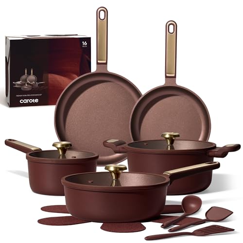 CAROTE Pots and Pans Set Nonstick, 16pcs Cookware Set Nonstick Non-Toxic & PFOA&PFOS-Free, Dishwasher, RV/Camping Cookware Set, Cooking Pots with Lids,Wine Red - Image 1