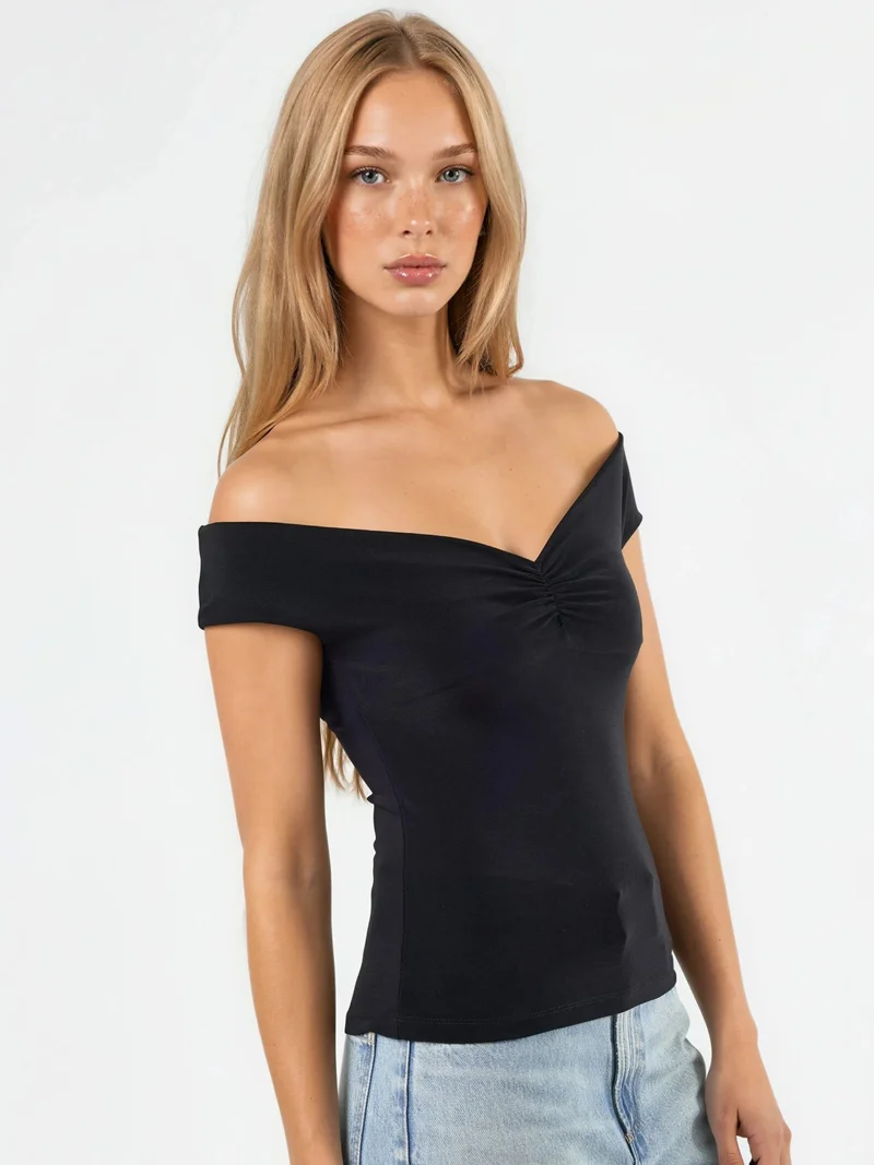 HICCUP Off Shoulder Fitted Sandy Crop Top