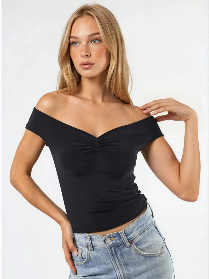 HICCUP Off Shoulder Fitted Sandy Crop Top