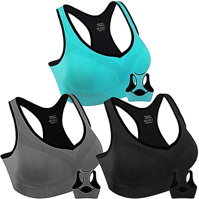 Double Couple Women Racerback Sports Bras for Women High Impact Workout Yoga Gym Fitness Bra Black+Blue+Grey Medium - Image 1