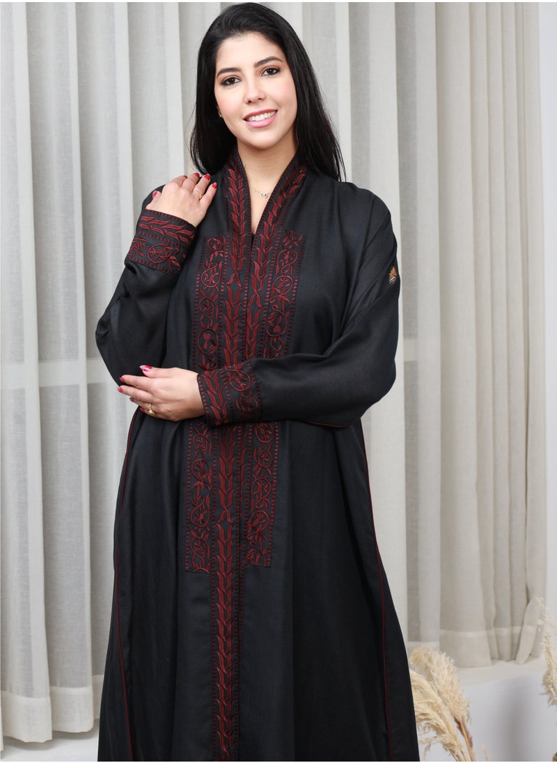 Gaiyda - Black abaya with red thread embroidery on the sleeves and collar and a pattern on the back - Image 1