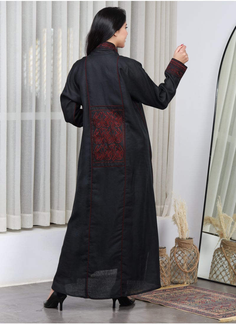 Gaiyda - Black abaya with red thread embroidery on the sleeves and collar and a pattern on the back - Image 1