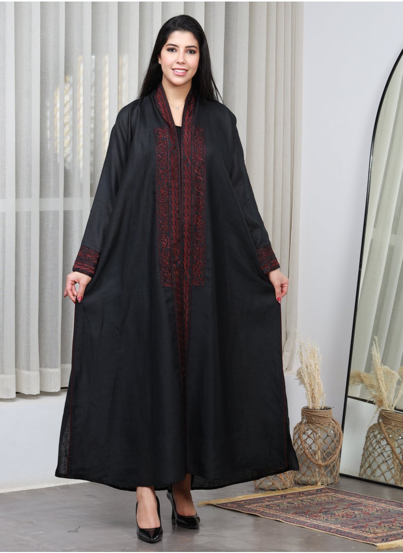 Gaiyda - Black abaya with red thread embroidery on the sleeves and collar and a pattern on the back - Image 1