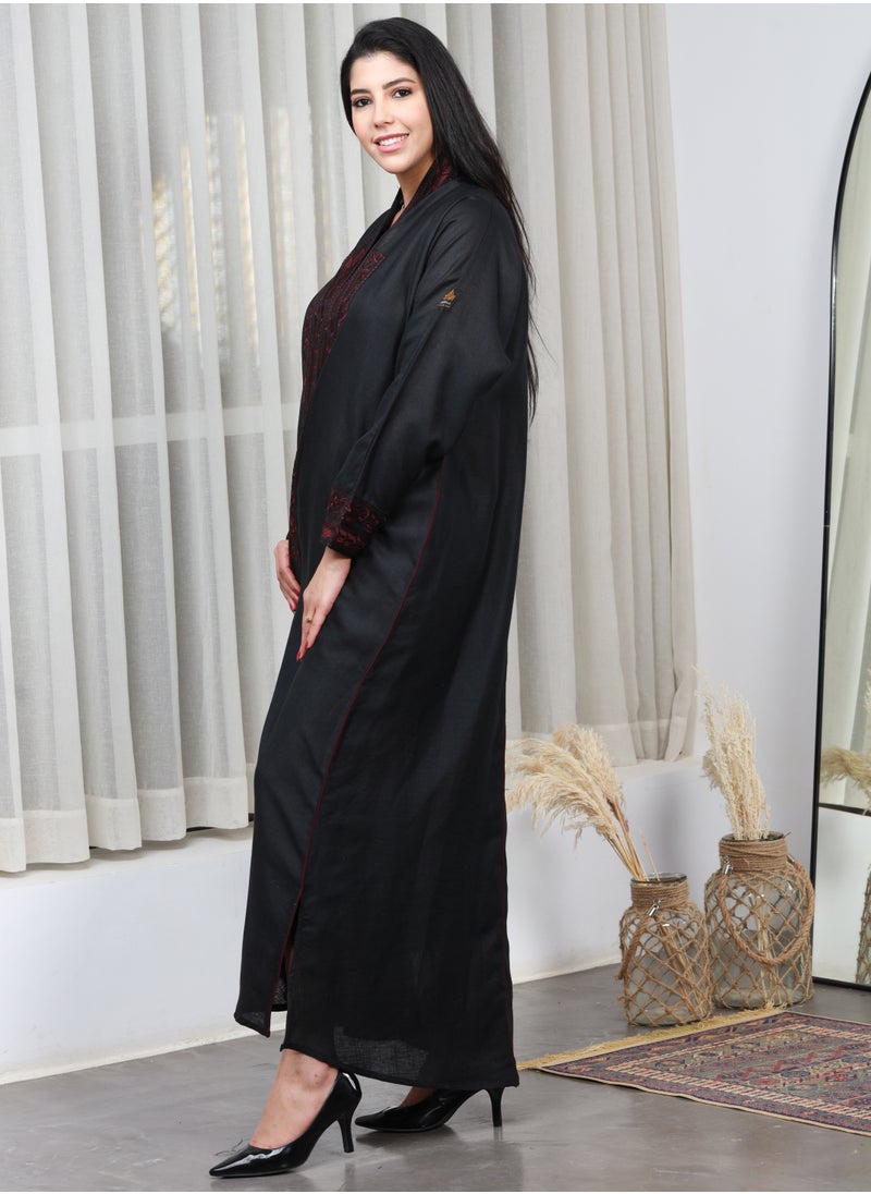 Gaiyda - Black abaya with red thread embroidery on the sleeves and collar and a pattern on the back - Image 1