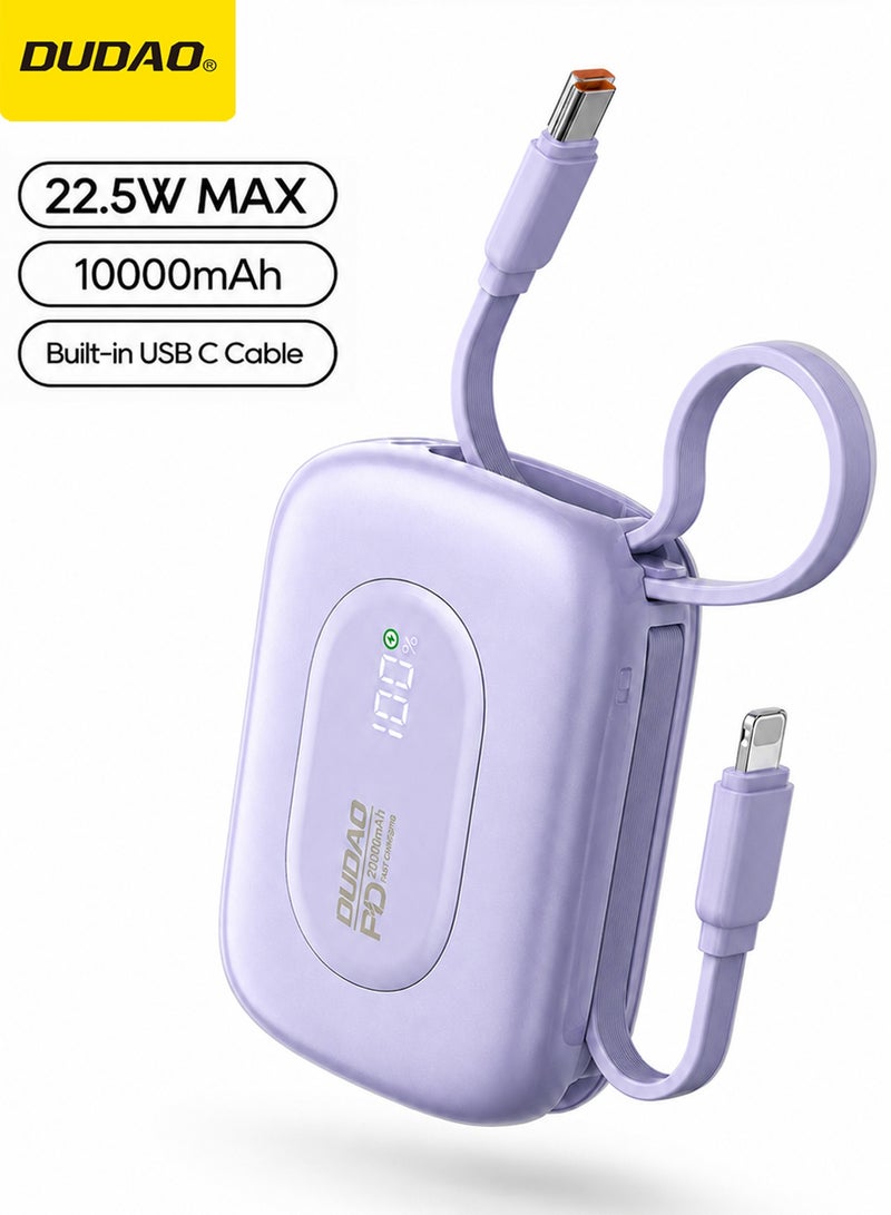 دوداو شاحن محمول صغير K32 بسعة 10000 مللي أمبير، مزود بكابلات USB-C وLightning مدمجة، وبنك طاقة للشحن السريع بقوة 22.5 واط (PD) مع شاشة عرض LED؛ رفيق سفر مدمج وأساسي لهواتف iPhone 17/16 وأجهزة Android (اللون الأرجواني) - Image 1