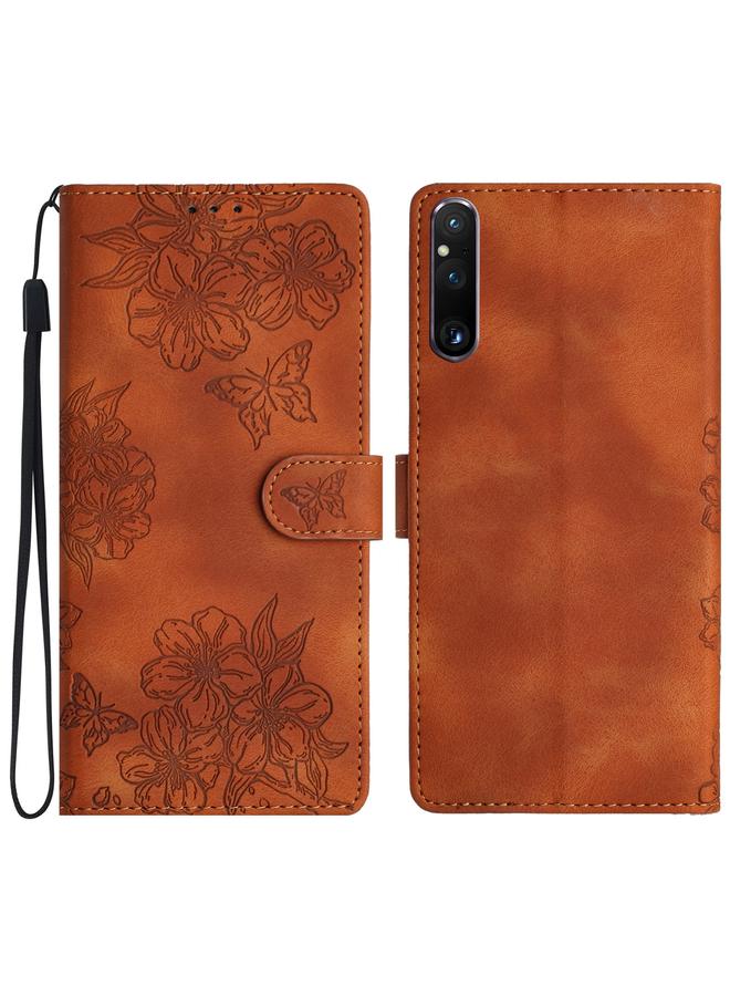 erorex Case For Sony Xperia 1 V Cherry Blossom Butterfly Skin Feel Embossed PU Phone Case - Image 1