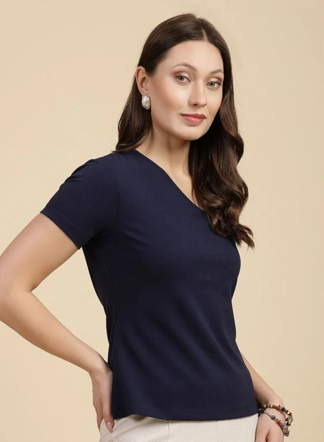 Freehand Women Regular Fit Solid Asymmetric Neck Short Sleeve Crop Top