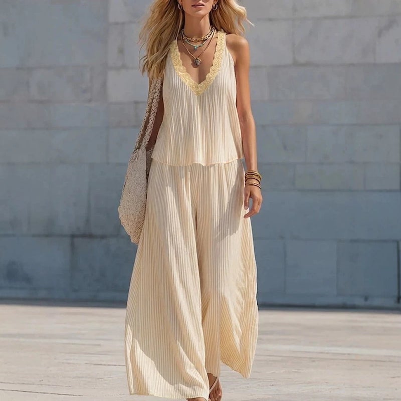 2026 Summer European American Lace V-Neck Pleated Stripe Tracksuit Set - Image 3