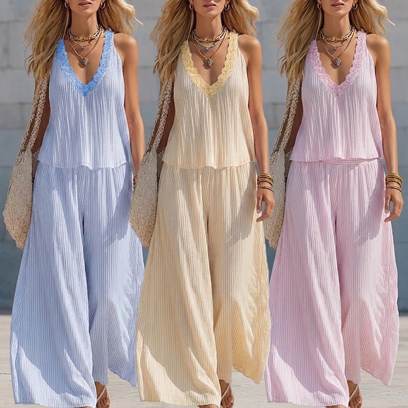 2026 Summer European American Lace V-Neck Pleated Stripe Tracksuit Set - Image 1