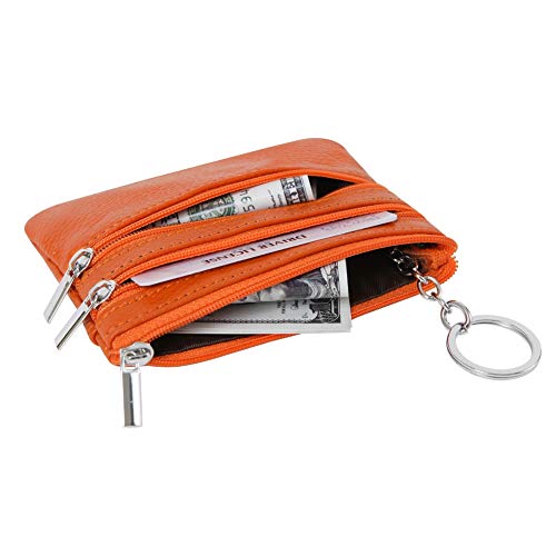 Cynure Women's Genuine Leather Coin Purse Mini Pouch Change Wallet with Keychain, Orange - Image 4