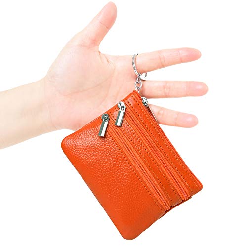 Cynure Women's Genuine Leather Coin Purse Mini Pouch Change Wallet with Keychain, Orange - Image 2