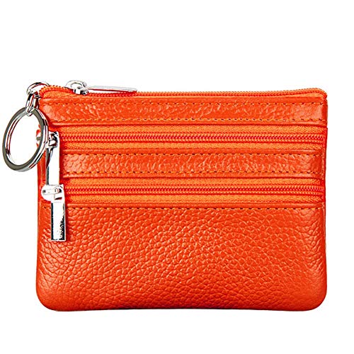 Cynure Women's Genuine Leather Coin Purse Mini Pouch Change Wallet with Keychain, Orange - Image 1