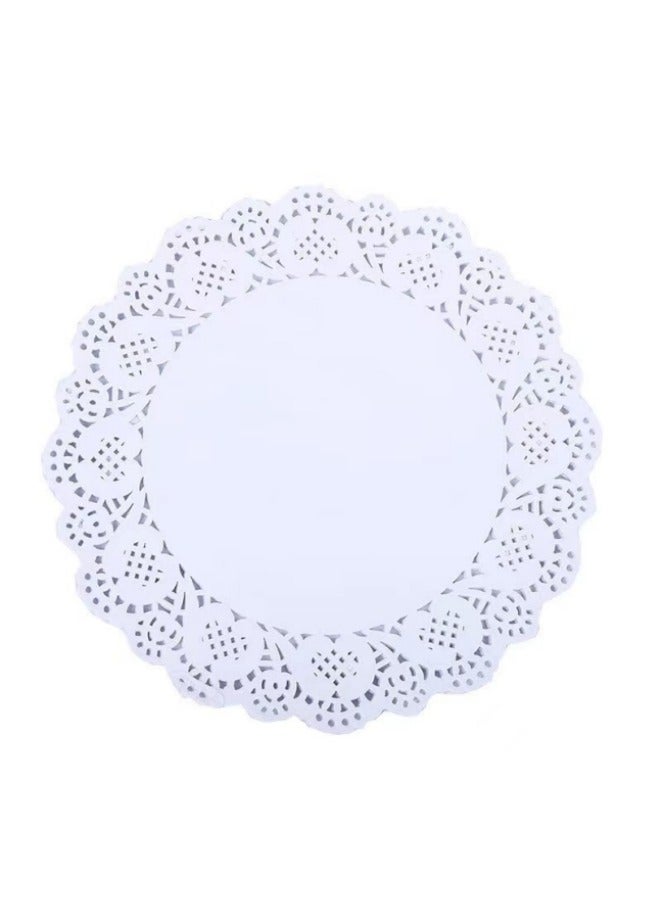 100 قطعة من مفارش ورق الخبز للاستعمال مرة واحدة، ورق ممتص للزيت، بطانات صينية الطعام المزخرفة، مجموعة ورق مستدير مجوف من الدانتيل، أبيض 7.5 بوصة - Image 1