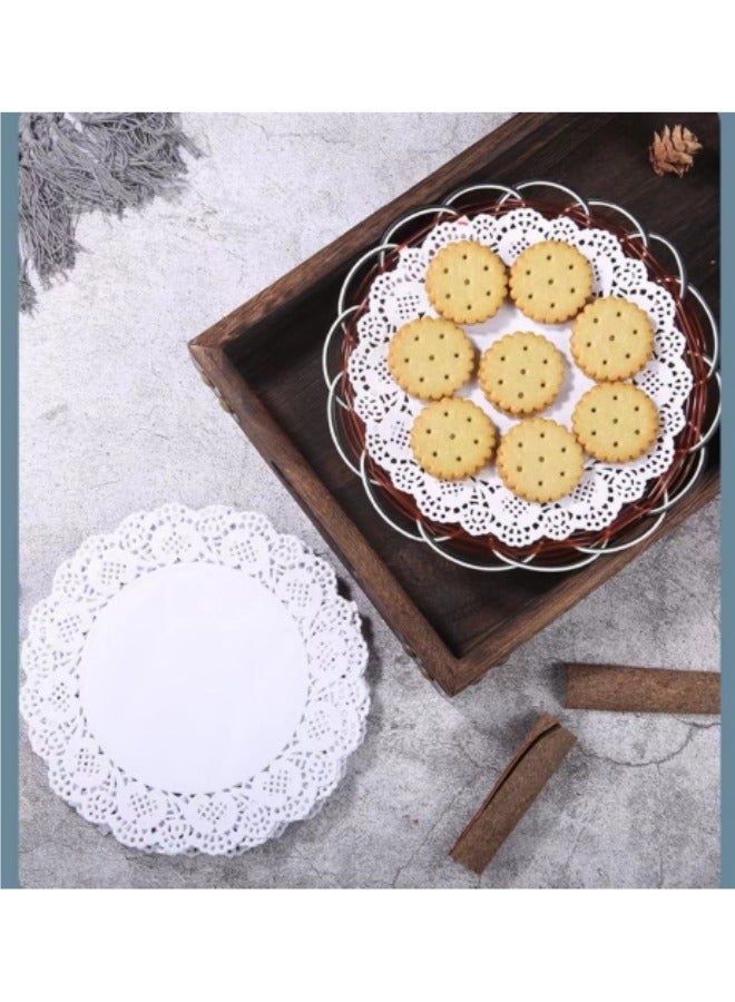 100 قطعة من مفارش ورق الخبز للاستعمال مرة واحدة، ورق ممتص للزيت، بطانات صينية الطعام المزخرفة، مجموعة ورق مستدير مجوف من الدانتيل، أبيض 7.5 بوصة - Image 3