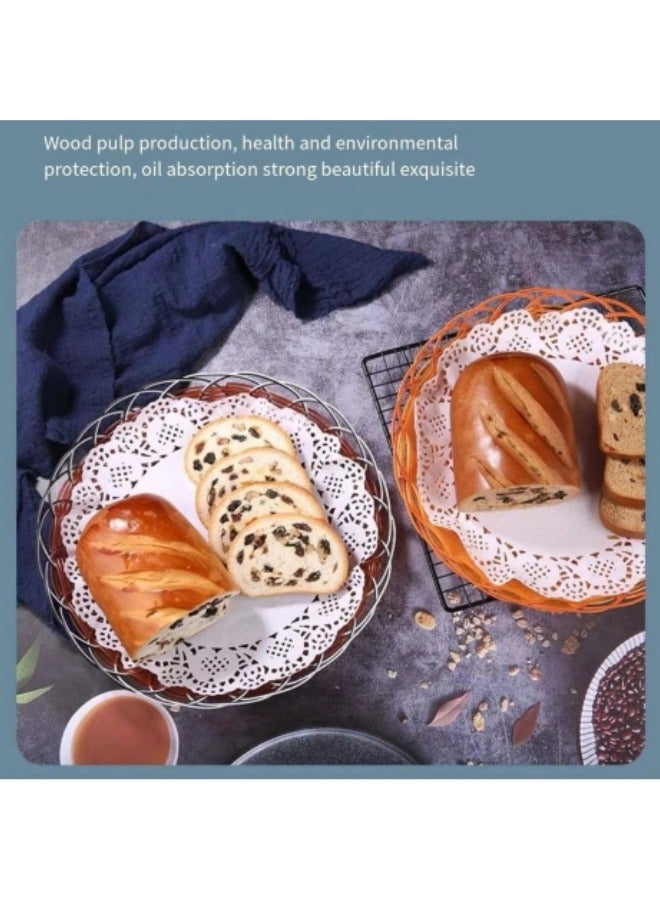 100 قطعة من مفارش ورق الخبز للاستعمال مرة واحدة، ورق ممتص للزيت، بطانات صينية الطعام المزخرفة، مجموعة ورق مستدير مجوف من الدانتيل، أبيض 7.5 بوصة - Image 4