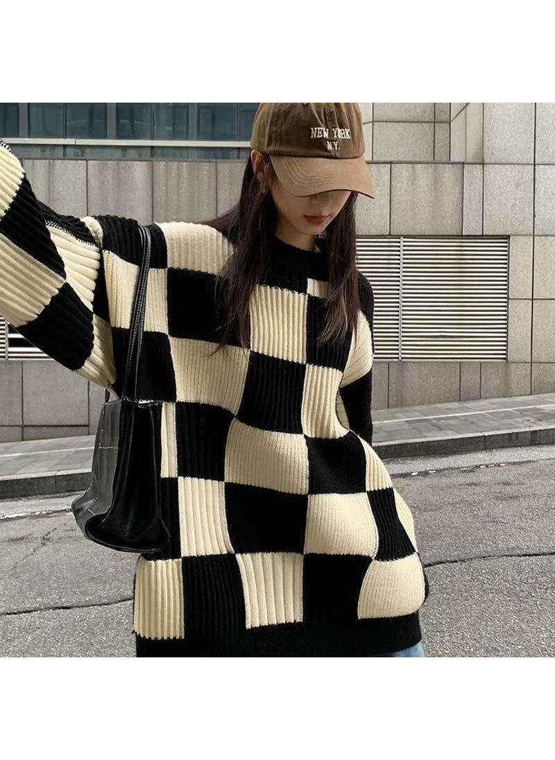 Generic - Chessboard Pattern Womens Sweater Lazy Style Knitted Shirt Geometric Design Polyester Fiber Long Sleeve round Neck Comfortable Casual White - Image 1