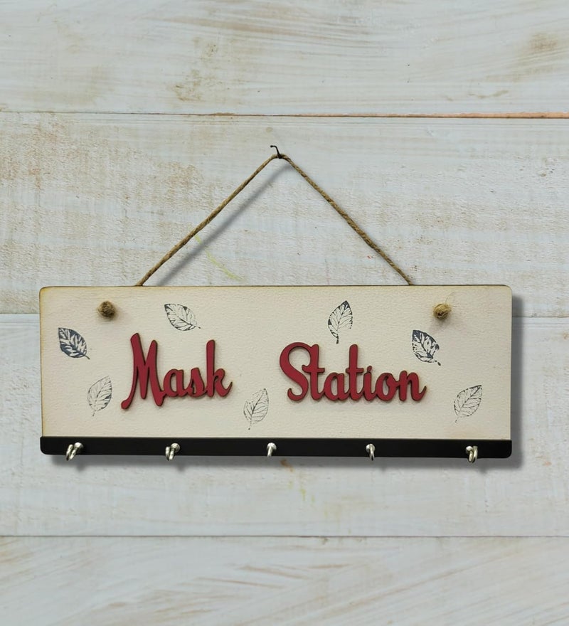 Chalk My Theme Chalk My Theme Wooden Keyholder and Maskholder with Mask Station Quote and 3 Hooks Antique Stylish Wooden Key Holder Wall Decor for Home and Office - Image 5