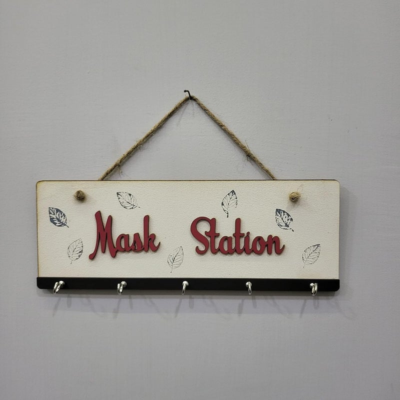 Chalk My Theme Chalk My Theme Wooden Keyholder and Maskholder with Mask Station Quote and 3 Hooks Antique Stylish Wooden Key Holder Wall Decor for Home and Office - Image 3