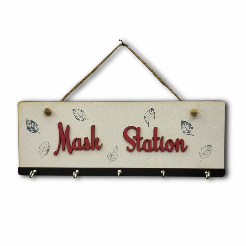 Chalk My Theme Chalk My Theme Wooden Keyholder and Maskholder with Mask Station Quote and 3 Hooks Antique Stylish Wooden Key Holder Wall Decor for Home and Office - Image 1