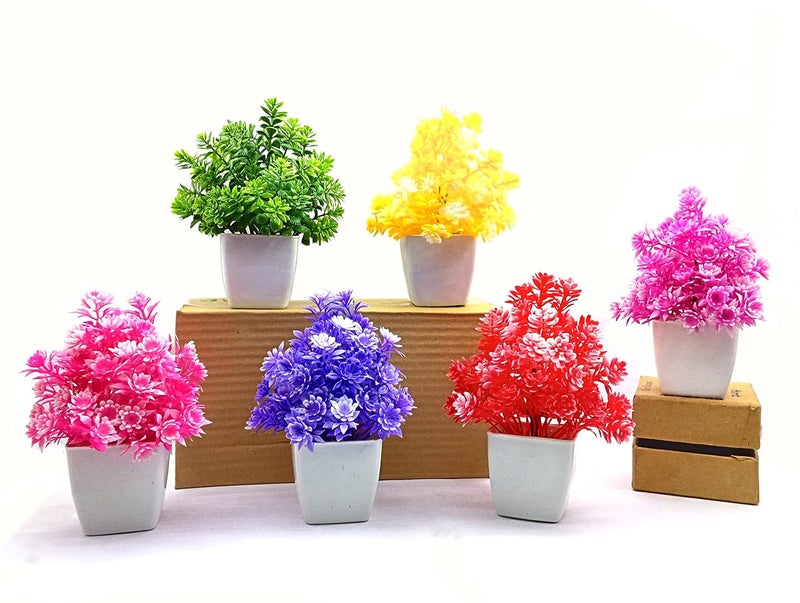 AKP AKP Plastic Artificial Plants With Pot Multi Color Flowers For Home Decor Living Room Office Desk Top Mini Plant Decorative Samll Succulent Bonsai Plant With Pots Indoor Pack Of 6 