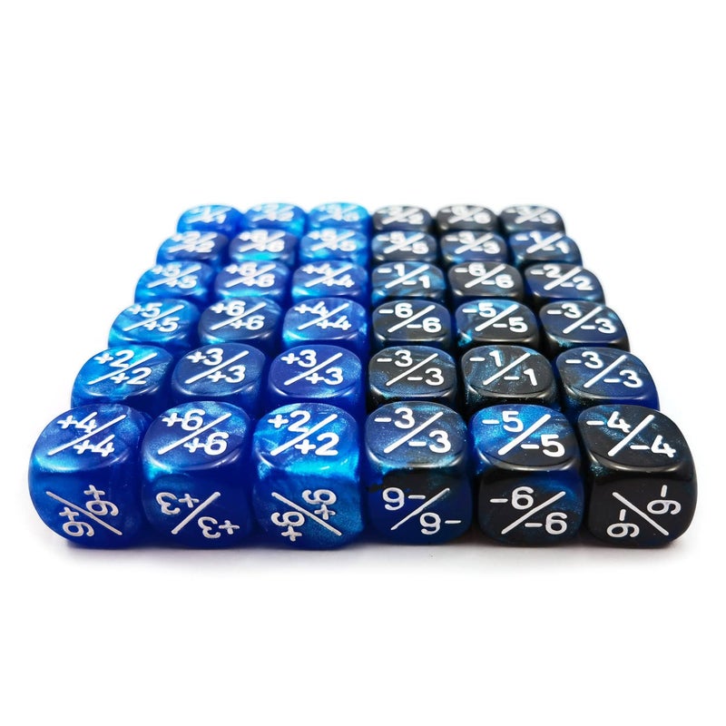 BESCON 36pcs 12mm Positive and Negative Dice Counters Marble Blue+Gemini Blue&Black Set, Small Token Dice Loyalty Dice Compatible with MTG, CCG, Card Games - Image 4