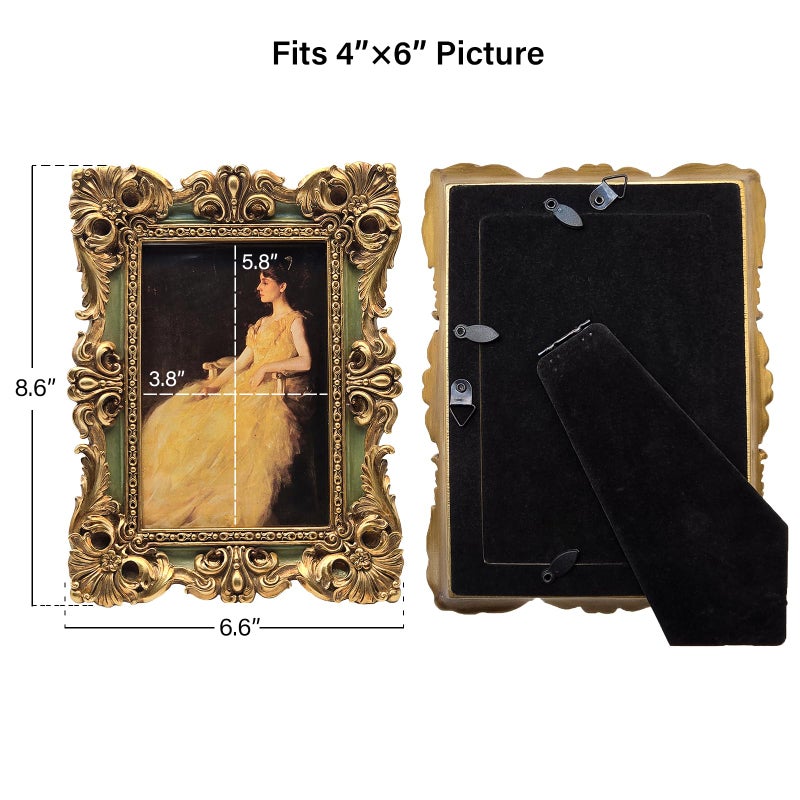 CISOO 4x6 Vintage Picture Frame Antique Ornate Green and Gold Photo Frame, for Table Top and Wall Display, Decorative Floral Design Retro Home Decor, Photo Gallery Art - Image 5