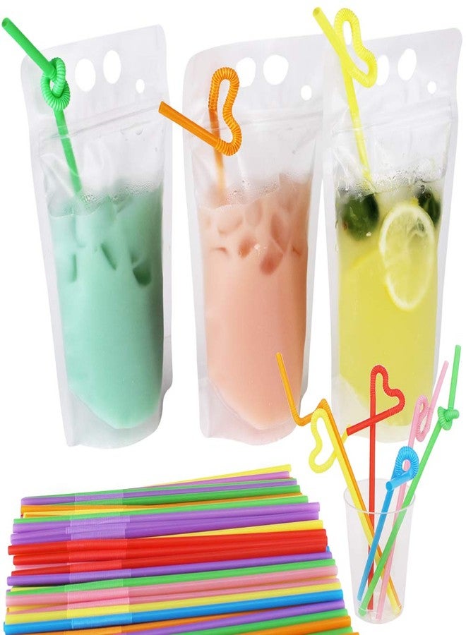 Belinlen 200 Pack 9.1 x 5.2 Inch/17 Ounce 8mil Clear Drink Pouches with Heavy Duty Hand-held Translucent Reclosable Zipper Stand-up Plastic Pouches Bags Drinking Bag 2.4 Inch Bottom Gusset with Straws - Image 1