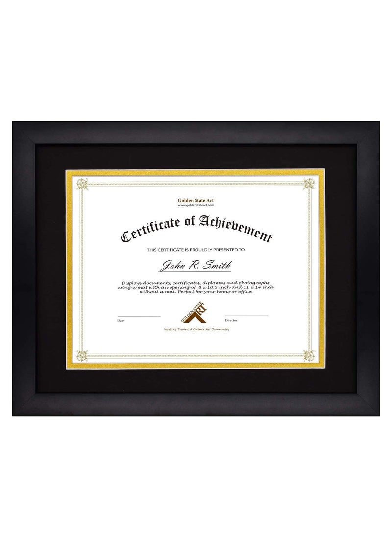 Golden State Art Golden State Art 11x14 Diploma Frame for 85x11 Document  Certificates Solid Wood Real Glass Black with BlackGold Double Mat 1 Pack 