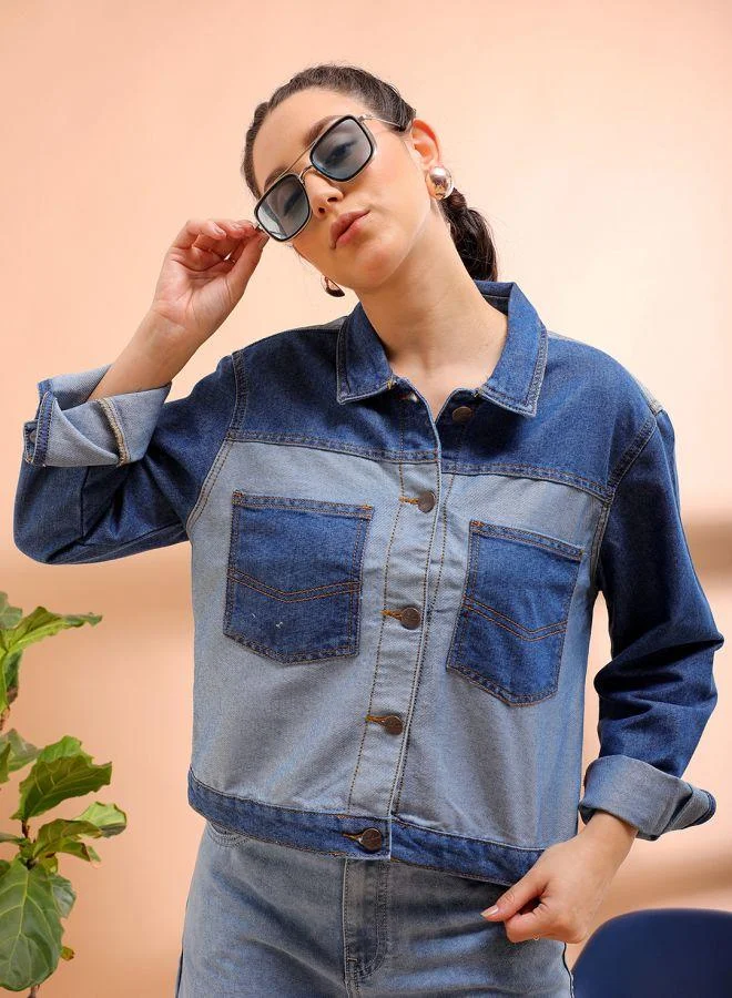 Freehand Women Casual Regular Fit Long Sleeve Reverse Denim Contrast Jacket