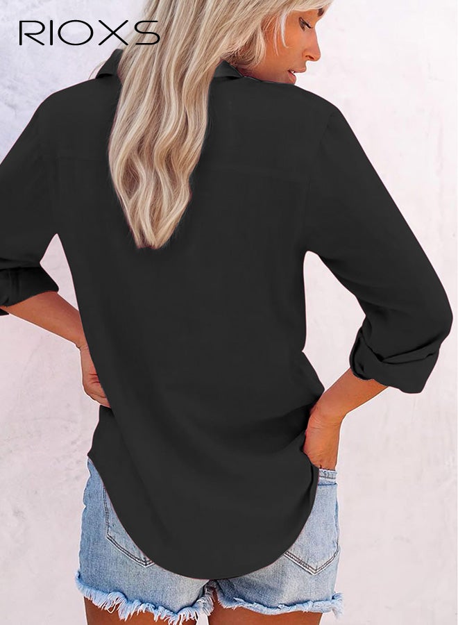 ريوكس زر أسفل قميص النساء، القمصان طويلة الأكمام الكلاسيكي المبطن، ملابس العمل غير الرسمية الفضفاضة، بلوزة المكتب الأساسية، القميص الأسود للسيدات، القمصان المريحة المتطابقة مع الجينز، السيقان النحيلة، السراويل الساخنة والأحذية المختلفة - Image 2