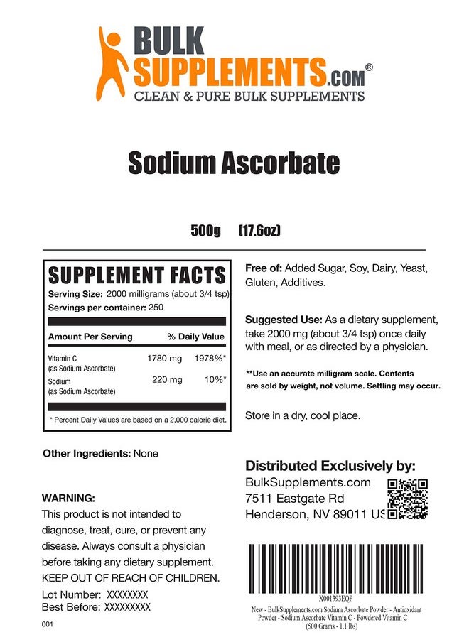 BulkSupplements - Sodium Ascorbate Powder Antioxidant Powder Sodium Ascorbate Vitamin C Powdered Vitamin C Vitamin C Powder For Skin Pure Vitamin C Powder (500 Grams 1.1 Lbs) - Image 1