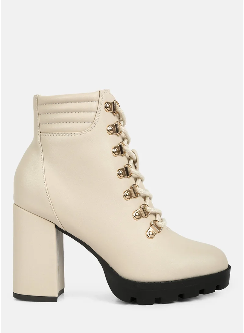 London Rag Beige Lace Up Block Heel Boots