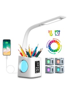 LED Desk Lamp with Clock, Colour Changing Night Light, Study Lamp with Pen Holder, Desk Lamp with USB Charger, Desk Lamp for Home, Office, Bedroom