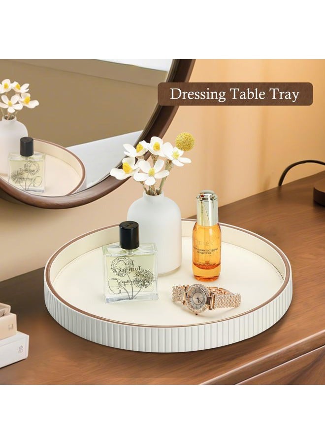 GORESE Round Decorative Serving Tray for Coffee Table Decor, 12" PU Leather Table Centerpiece Home Decor, Valet Tray for Trinket Jewelry Perfume Key, Ottoman Tray Nightstand Organizer, Cream White - Image 5
