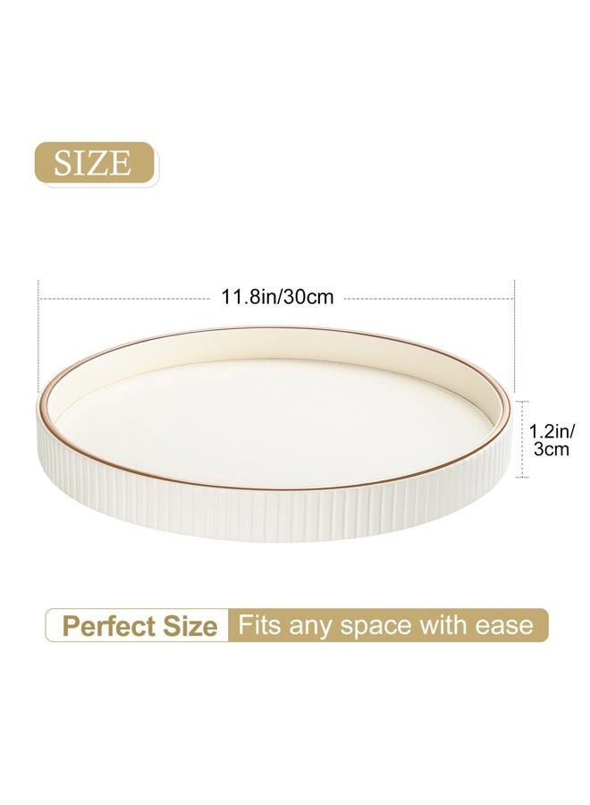 GORESE Round Decorative Serving Tray for Coffee Table Decor, 12" PU Leather Table Centerpiece Home Decor, Valet Tray for Trinket Jewelry Perfume Key, Ottoman Tray Nightstand Organizer, Cream White - Image 2