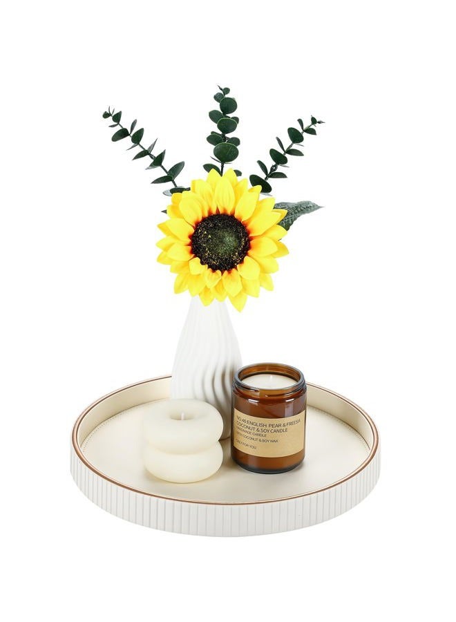 GORESE Round Decorative Serving Tray for Coffee Table Decor, 12" PU Leather Table Centerpiece Home Decor, Valet Tray for Trinket Jewelry Perfume Key, Ottoman Tray Nightstand Organizer, Cream White - Image 1