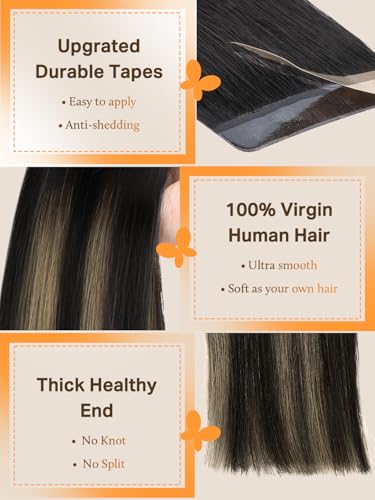 DOORES Tape in Hair Extensions Human Hair Balayage Natural Black to Light Blonde 16 Inch 20pcs 50g Remy Human Hair Extensions Tape in Natural Hair Extensions Straight - Image 3