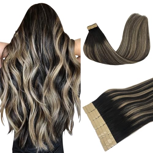 DOORES Tape in Hair Extensions Human Hair Balayage Natural Black to Light Blonde 16 Inch 20pcs 50g Remy Human Hair Extensions Tape in Natural Hair Extensions Straight - Image 1