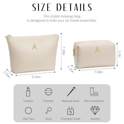CLOUDWINGS Women Gifts | Initial Makeup Bag Set for Girl Personalized Gifts for Bridesmaid Friend Graduation Teachers PU Leather Cosmetic Travel Toiletry Bag(Beige,A) - Image 4