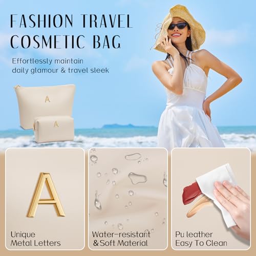 CLOUDWINGS Women Gifts | Initial Makeup Bag Set for Girl Personalized Gifts for Bridesmaid Friend Graduation Teachers PU Leather Cosmetic Travel Toiletry Bag(Beige,A) - Image 3