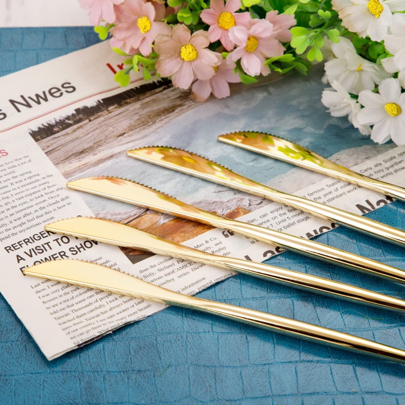 U-QE U-QE 180Pcs Gold Plastic Knives  Disposable Heavy Duty Plastic Silverware  Heavyweight Knives  Gold Flatware Perfect For Parties  Weddings and Everyday Use  - Image 1