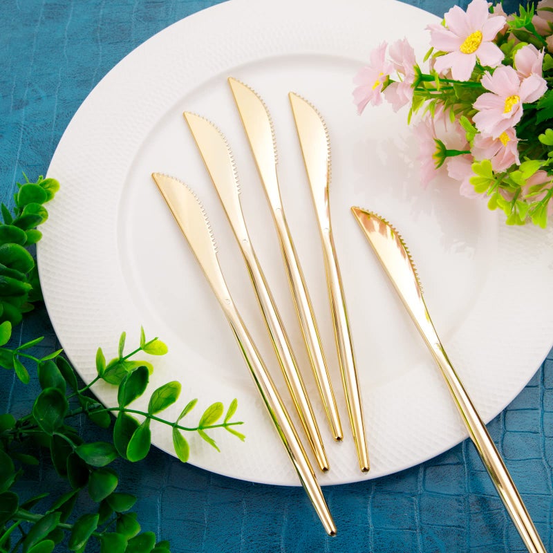 U-QE U-QE 180Pcs Gold Plastic Knives  Disposable Heavy Duty Plastic Silverware  Heavyweight Knives  Gold Flatware Perfect For Parties  Weddings and Everyday Use  - Image 3