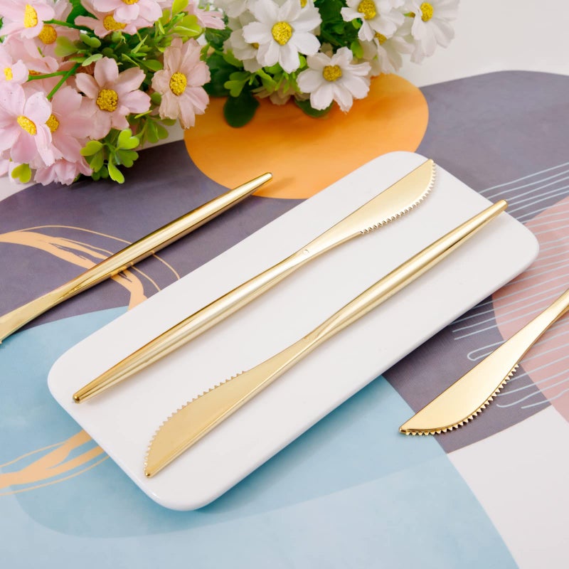 U-QE U-QE 180Pcs Gold Plastic Knives  Disposable Heavy Duty Plastic Silverware  Heavyweight Knives  Gold Flatware Perfect For Parties  Weddings and Everyday Use  - Image 4