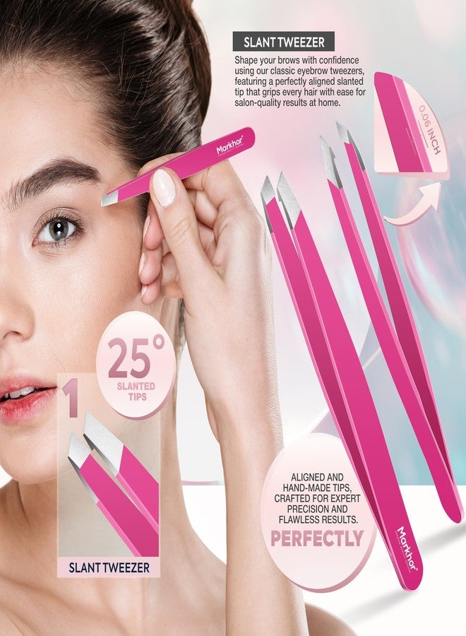 MARKHOR® Pink Aura Eyebrow Tweezers for Women Facial Hair, Splinter and Ingrown Hair Removal Tweezers Set, Professional Pointed and Slant Tweezers for Eyebrows, Precision Tweezers for Eyebrows - Image 3