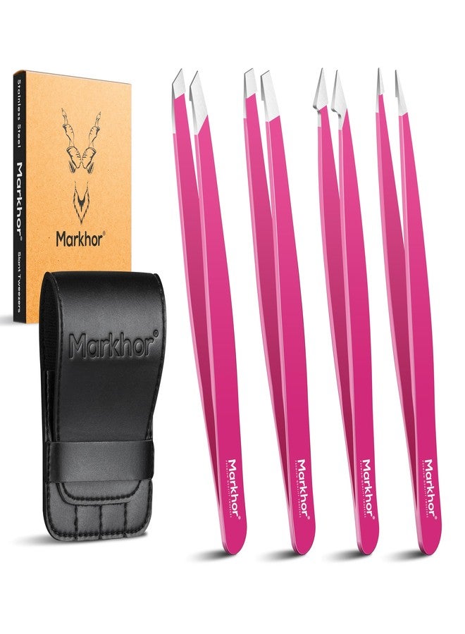 MARKHOR® Pink Aura Eyebrow Tweezers for Women Facial Hair, Splinter and Ingrown Hair Removal Tweezers Set, Professional Pointed and Slant Tweezers for Eyebrows, Precision Tweezers for Eyebrows - Image 1