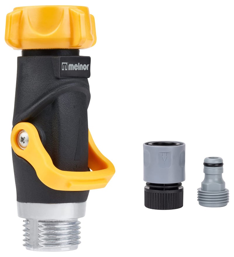 Melnor 65171AMZ Lever Flow Through Valve Connector Bundle, 1 Count (Pack of 1), Yellow, Black, Grey - Image 1