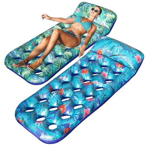 FindUWill Inflatable Pool Floats Raft, 2 Pack Pool Floats with Headrest for Adults, X-Large, Cooling Pool Floaties Contour Lounger (Monstera Green & Monstera Blue) - Image 1