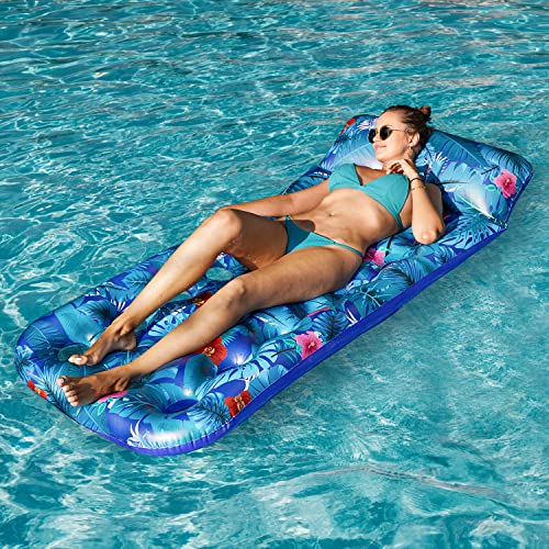 FindUWill Inflatable Pool Floats Raft, 2 Pack Pool Floats with Headrest for Adults, X-Large, Cooling Pool Floaties Contour Lounger (Monstera Green & Monstera Blue) - Image 4